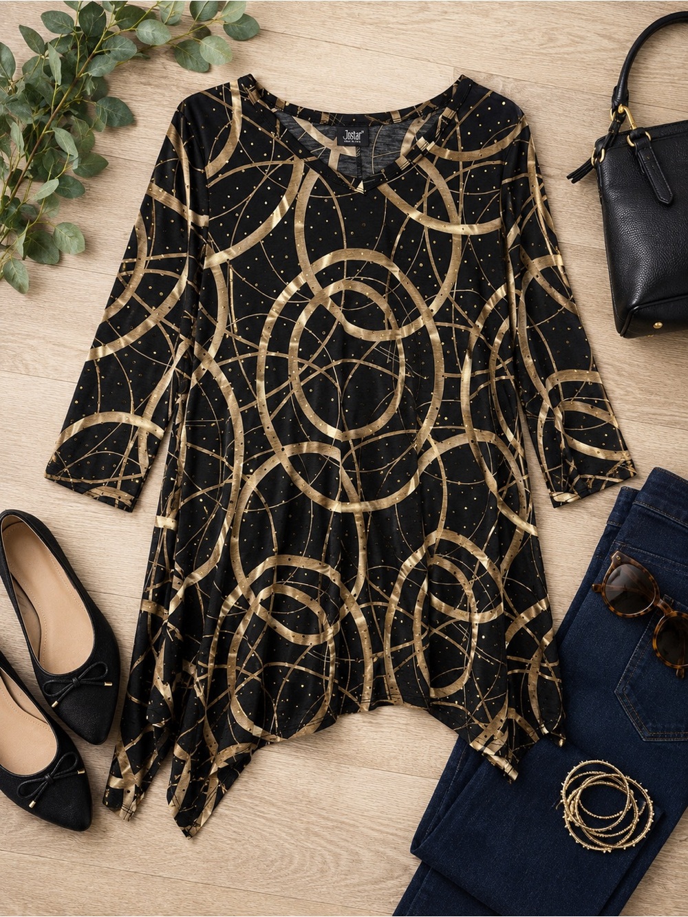 Jostar Black & Gold Metallic Abstract Tunic Top Asymmetrical Hem 3/4 Sleeve
